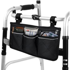 Walker Bag for Folding Walker - Walker Pocket Pouch with Reflective Safety Strips for Night Visibility, Universal Walker & Wheelchair Storage Bag with 2 Adjustable Straps, 13x7" Compact Size (Black)