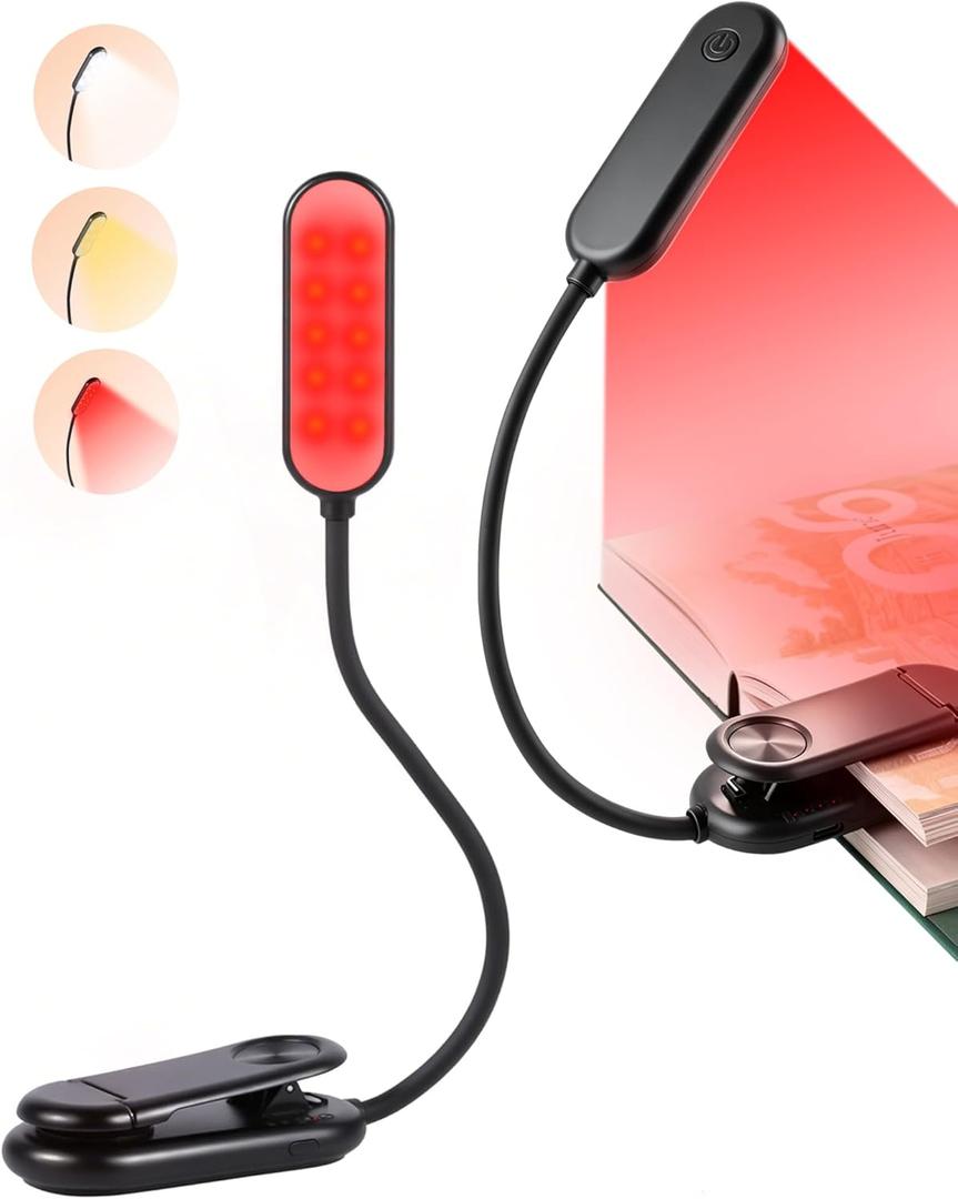 630nm Red Book Light for Reading at Night [1 Pack] - Zero Blue Light, Dimmable Reading Lights for Books in Bed, LED Book Lamp Clip on, Gift for Students Parents Nurse Studying Travel