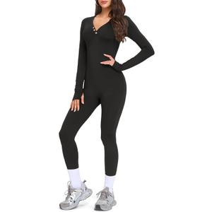 VUTRU Long Sleeve Jumpsuit for Women One Piece Fleece Romper Henley Collar Workout Bodycon Full Body Yoga Jumpsuits (Size Medium, Black)