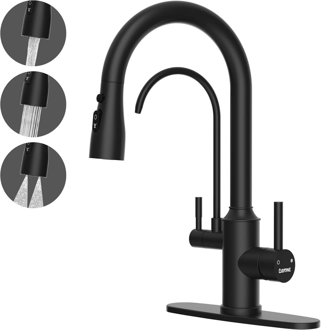 DAYONE Matte Black Kitchen Faucet with Drinking Purfied Water Faucet, 3 Holes High Arc 3 in 1 Sink Tap Stainless Steel, Two-Handle 3-Way Pull Down Sprayer, (Without System)