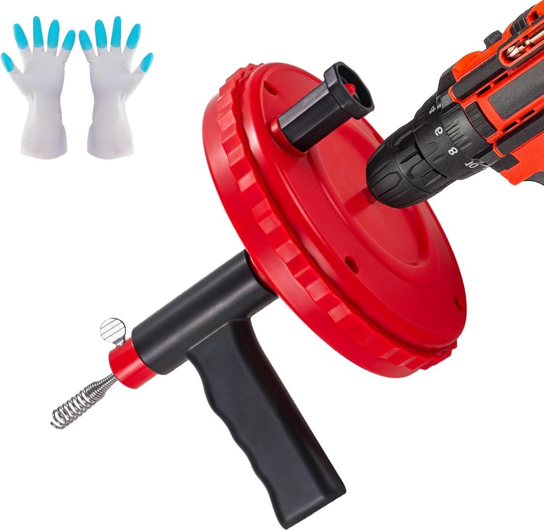 Drain Snake Flexible Steel Drain Auger With Drill Adapter Manual Or Powered Toilet Snake for Bathtub Drain, Bathroom Sink, Kitchen Cleaning with Gloves(30ft/9M-Red)