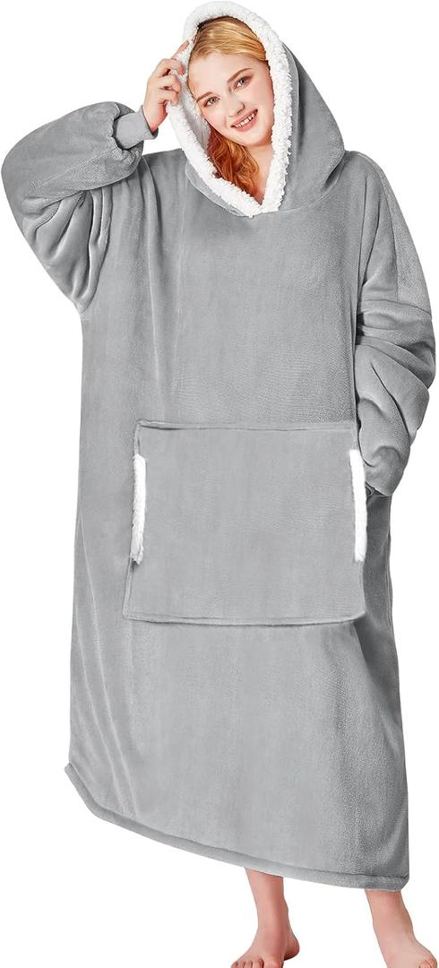 yescool Wearable Blanket Hoodie, Flannel Sherpa Fleece Blanket Sweatshirt for Adults Women Men,One Size Fits All (Cloud)