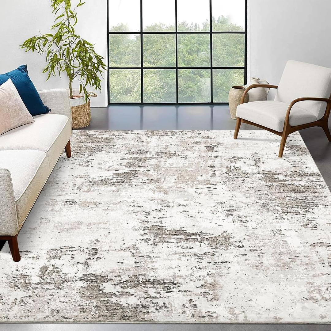 ROYHOME 10x13 Modern Abstract Faux Wool Accent Rug for Living Room Low Pile Ultra Soft Stain Resistant Non Slip Non Shedding Throw Rug for Bedroom Home Decor, Taupe/Beige