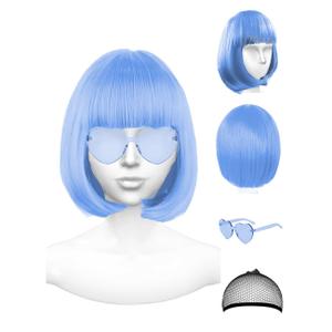 Light Blue Wig and Party Sunglasses, Cosplay Blue Wigs for Women Party Rainbow Wig with Neon Glasses Blue Wigs for Women - Bachelorette Party Wigs Decorations Favors (Ice Blue)