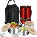 SSAWcasa Thermos for Hot Food, 3 Layered 67oz Adult Stackable Food Jar, Insulated Wide Mouth Sealed Soup Container w/Lunch Bag Cutlery, Stainless Steel Travel Bento Lunch Box for Office Outdoor Meal