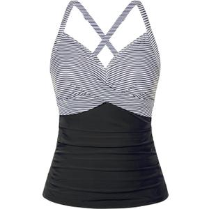 Women Tankini Bathing Suit Top - Twist Front V Neck Swim Top Only Ruched Tummy Control No Bottom 2025 (Large, Black White Striped)