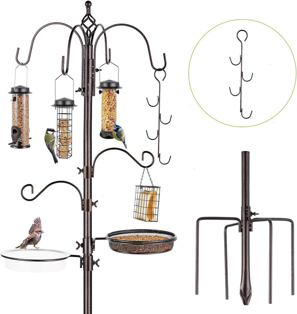 Bird Feeder Station with Suet Cage & Water Bowl Fruit Hook- Adjustable Pole, 6 Hanging Hooks for Wild Birds, Outdoor Garden Bird Feeding Kit