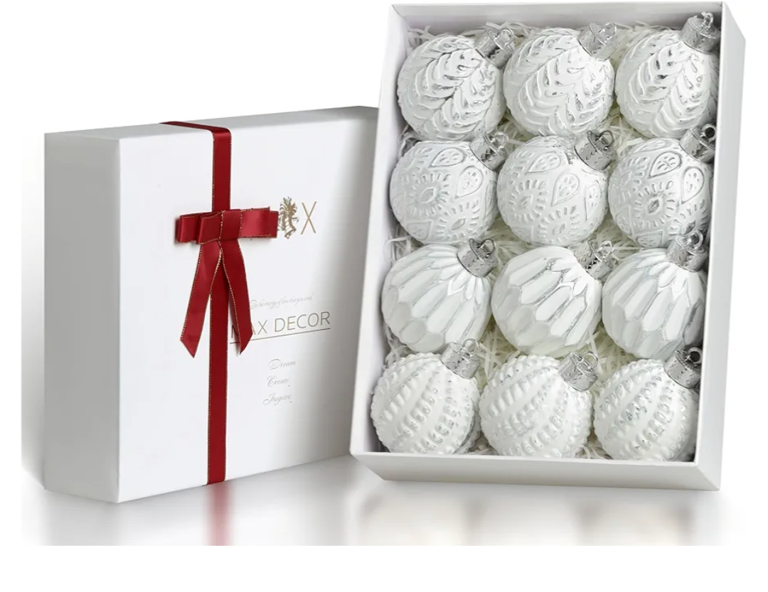 White and Silver Rustic Christmas Ball Ornaments, 3.15 inches Vintage Christmas Tree Decorations, 12 PCS Large Shatterproof Neutral Farmhouse Luxury Ornaments for Xmas Tree, Home Decor