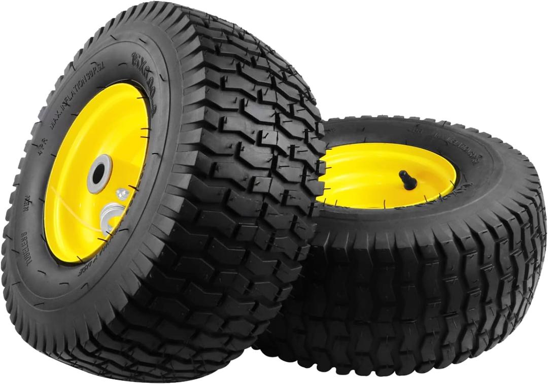 2PCS 15x6.00-6 Lawn Mower Tires, 4 Ply Tubeless 15x6-6 Front Tire Assembly Replacement for Craftsman/John Deere/Cub Cadet Riding Mowers,570lbs Capacity,3" Offset Hub,3/4" Bushing