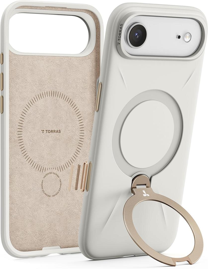 TORRAS Q3 Silicone 360 Spin for iPhone Air Case with Stand, Fit for MagSafe, Magnetic Ring Kickstand with Camera Control, Liquid Silicone Rubber Soft Phone Case for iPhone 17 Air 6.5'', Light Ivory