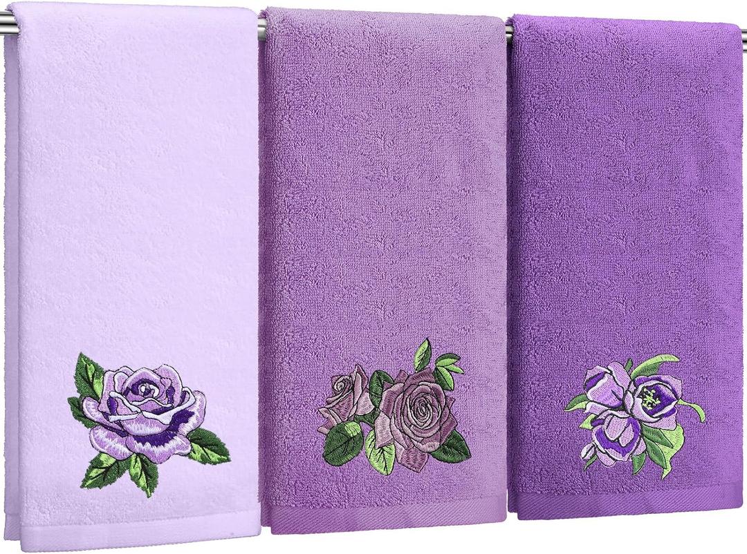 FuWeave 3 Pcs Purple Rose Hand Towels Lavender Purple Bathroom Decor Embroidered Floral Farmhouse Decorative Towels for Bathroom Kitchen Decor, 100% Cotton, 13. 3 x 29. 5''