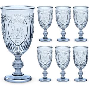 6 Pcs Plastic Goblets 7.5oz Vintage Goblet Plastic Wine Glasses Colored Retro Embossed Water Goblets for Wine Bar Juice Baby Shower Wedding Reception Grand Event Party (Blue)
