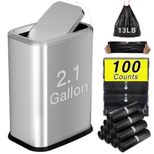 Bathroom Trash Can with Lid 8L/2.1 Gallon Silver Trash Can Small Garbage Can with Swing Top Lid Slim Stainless Steel Garbage Can with 100 Counts Trash Bags for Bathroom Bedroom Kitchen Office Toilet