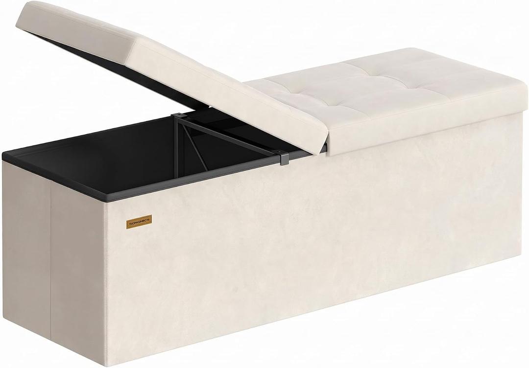 SONGMICS Foldable Storage Ottoman with Flipping Lid, 43.3 Inch Velvet Bench, 15"D x 43"W x 15"H