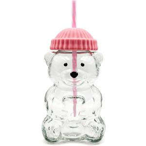 Glass Bear Cup,Bear Cup with Straw, 500ml Reusable Bear Glass Tumbler with Lid for Iced Coffee, Milk Tea, and Cocktails, Dishwasher Safe(Pink), 16.9 Ounces