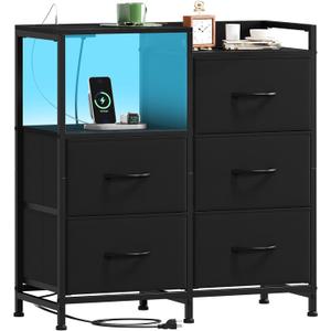 Somdot Black Nightstand with Charging Station and LED Light, Wide 5 Drawers Dresser for Bedroom with Fabric Bins and Open Shelf for Bedroom Kids Closet Dorm Guest Room, Black