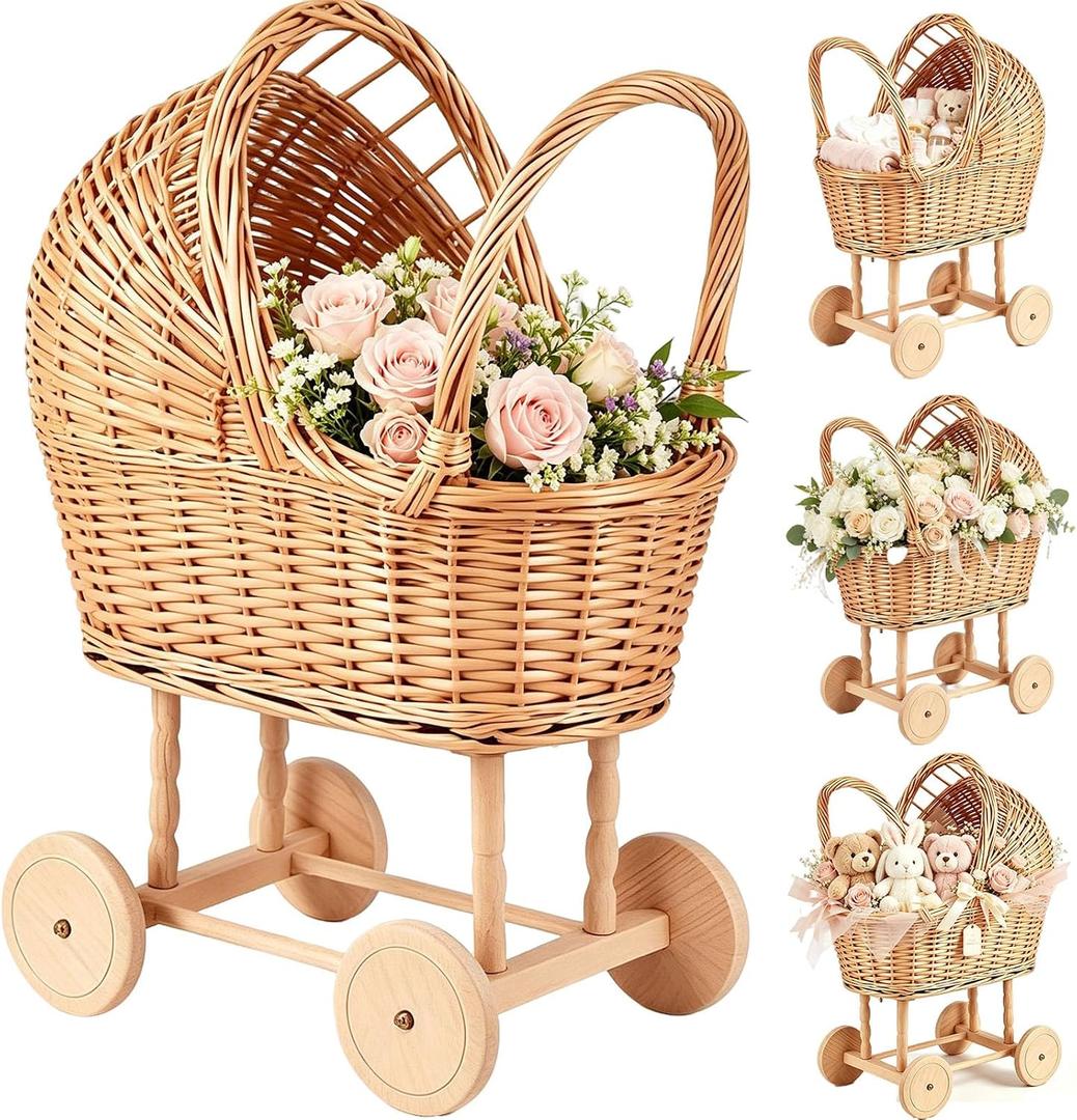 Vintage Woven Rattan Stroller-Shaped Flower Basket with Wheels