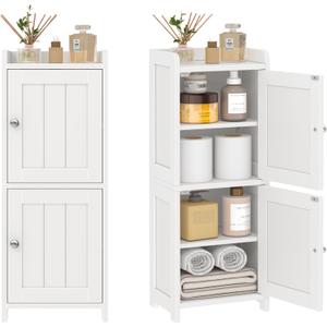 MOGELAFOO Small Bathroom Storage Cabinet, 30" Tall Freestanding Corner Floor Cabinet with 2 Doors & 5 Shelves (2 Adjustable), Narrow Toilet Paper Holder Organizer for Small Spaces, White