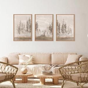 DRACIT Beige Foggy Pine Tree Framed Canvas Wall Art Set,Modern Misty Forest Wall Decor,Nature Landscape Brown Art Print for Living Room,Bedroom-16 x24 x3