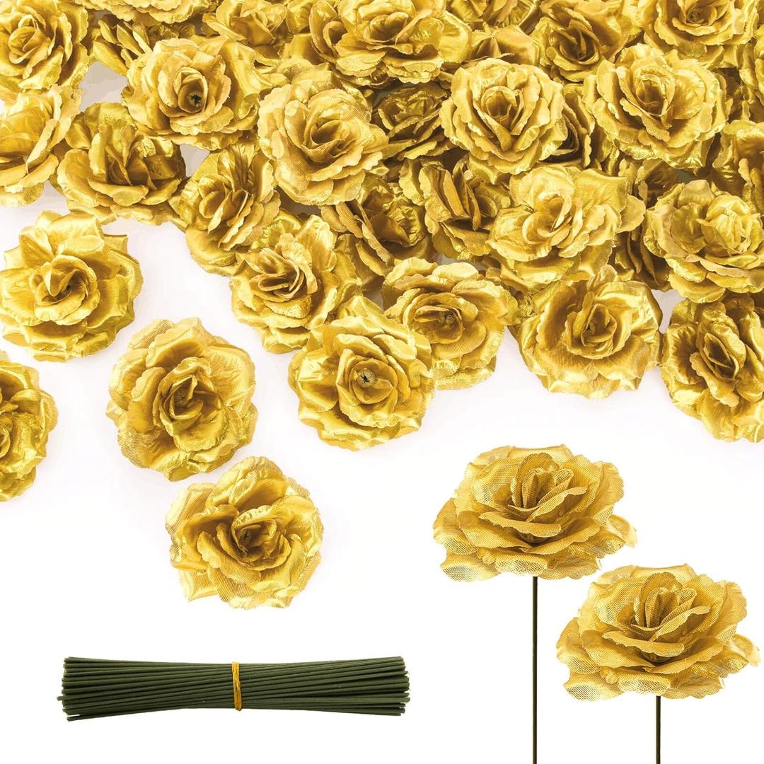 Youeon 100 Pcs 3.5 Inch Gold Artificial Rose Heads with Stems, Silk Rose Faux Flower Heads Bulk for DIY Wedding Bouquets, Party Table Centerpieces, Home Decor, Craft Floral Arrangements