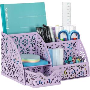 EasyPAG Pen Holder Desk Organizer with Drawer Pencil Cup for Desk 6 Compartments Metal Office Caddy Storage with Sticky Notes Holder for School Home Office, Purple