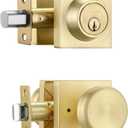 Satin Brass Door Knob with Lock, Exterior Door Lock Set with Deadbolt,Square Exterior Door Knobs