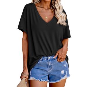 Tankaneo Womens Oversized Tshirts V Neck Short Sleeve Tops Summer Casual Loose Fit Tunic Tee Shirts (XX-Large, Black)