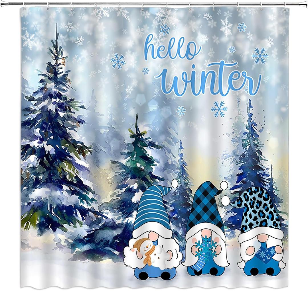 Christmas Gnome Shower Curtain Winter Forest Xmas Snowflake Hello Blue Winter Snowy Pine Tree Holiday Fabric Bathroom Curtain Set with Hooks(70" WX70 H)