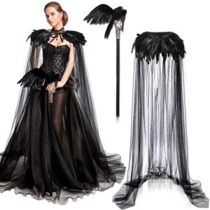 Toulite 3 Pcs Women Halloween Evil Black Style Queen Costume Witch Crow Gothic Feather Cape Cosplay Party Props
