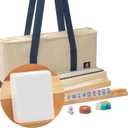 Yellow Mountain Imports American Mahjong Set, Harbor Snow with Beige and Blue Canvas Tote Bag - 4 All-in-One Racks with Pushers, Wright Patterson Scoring Coins, Dice, & Wind Indicator