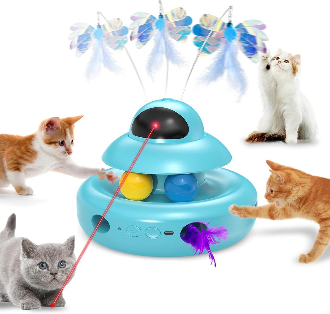 Cat Toys,4-in-1 Automatic Kitten Toy for Bored Indoor Adult Cats, Electric Flying Butterfly, Whack a Mole, Feather Track Balls, Blue
