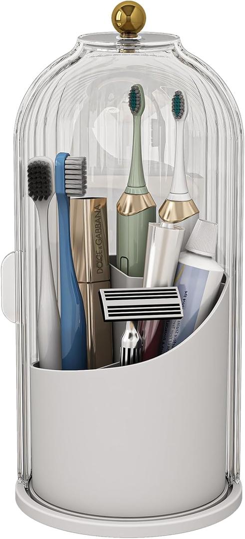 Dustproof Toothbrush Holders with Cover, Rotating Electric Toothbrush and Toothpaste Holder for Bathroom Countertop, 3 Slots Makeup Brushes Organizer, Transparent