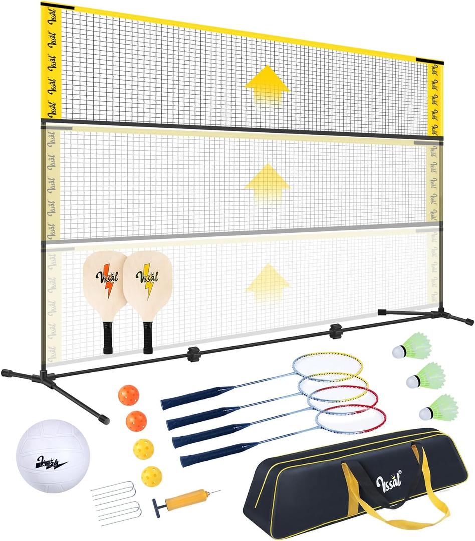 3-in-1 Portable Badminton, Volleyball & Pickleball Net Set for Adults, Adjustable Height 34"7 ft for Backyards or Beach, Outdoor Sports Combo with Carry Bag, Rackets, Paddles & Balls
