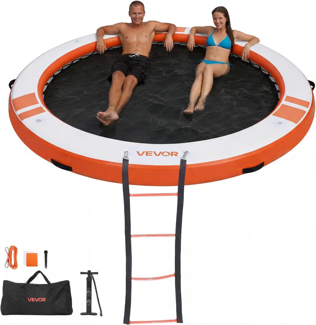 VEVOR Inflatable Floating Dock, Inflatable Dock Platform, Non-Slip Water Air Mat with Portable Carrying Bag and Detachable Ladder, Floating Water Platform Island Raft for Pool Beach Ocean, φ10 x 0.5 ft / 3.05 x 0.15 m, Color: White + Orange