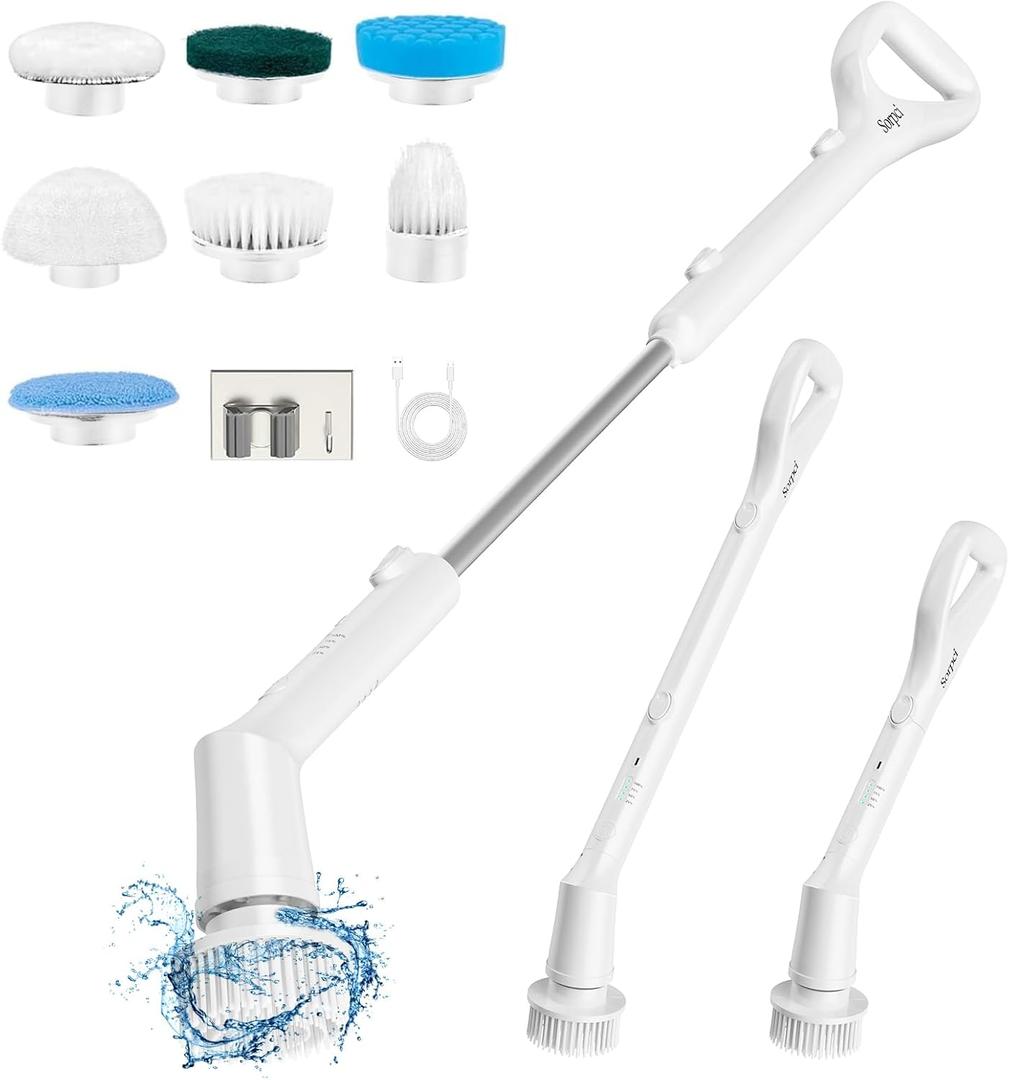 Electric Spin Scrubber 2024 - Electric Cleaning Brush with 7 Replaceable Brush Heads for Diverse Cleaning. 3 Adjustable speeds. Detachable Long Handle and IPX7 Waterproof.