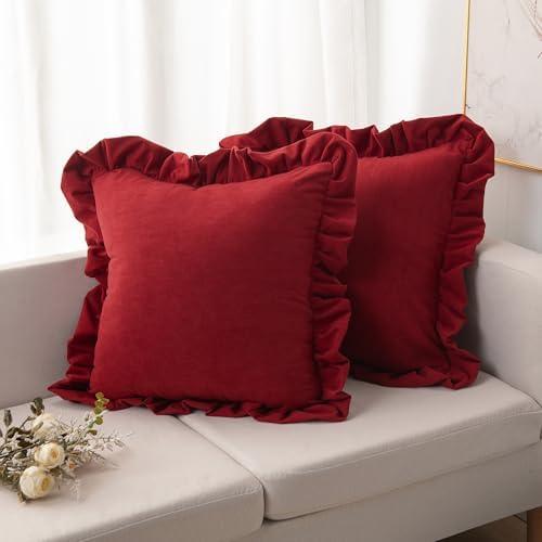JIUZHEN Throw Pillow Covers with Ruffles, Soft Solid Decorative Velvet Pillow Covers for Couch Sofa Bed, Home Decor Cushion Case for Living Room and Bedroom, Pack of 2, 16 x 16 Inches, Red