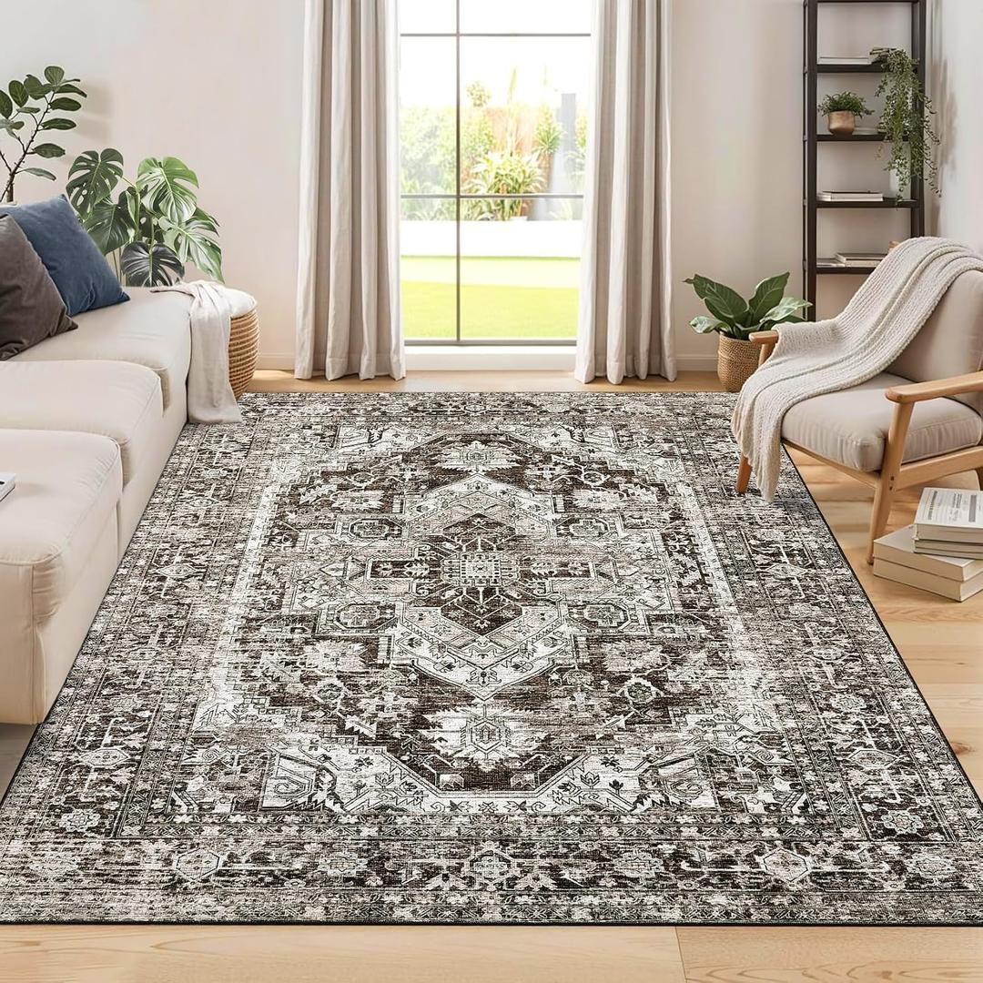 Large Washable Rug 9x12 Non Slip Ultra-Thin Indoor Carpet Vintage Medallion Living Room Rug Retro Distressed Floor Mat Oriental Foldable Throw Rugs for Bedroom Dining Room Home Office Brown