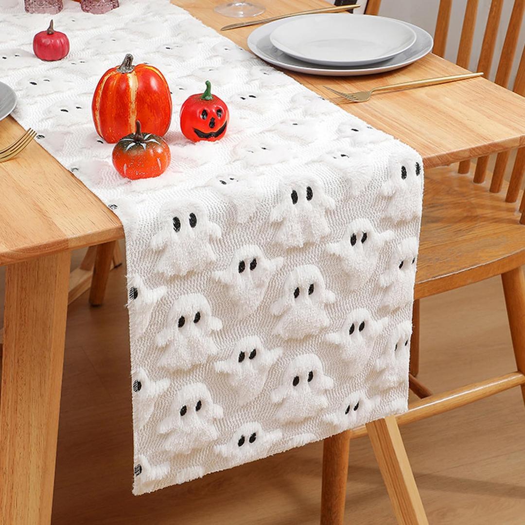 Halloween Ghost Table Runner, White 3D Faux Fur Table Runners, 3D Cute Ghost Pattern Table Decor for Indoor Outdoor, Halloween Home Party Decor, 13*72 Inch