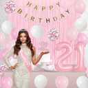 Trgowaul 21st Birthday Decorations for her, Pastel Light Pink and White Happy 21st Birthday Supplies for Girls, 21 Sash and Crown, Banner, Fringe Curtains, Cake Topper, 21 Year Old Party Supplies Set