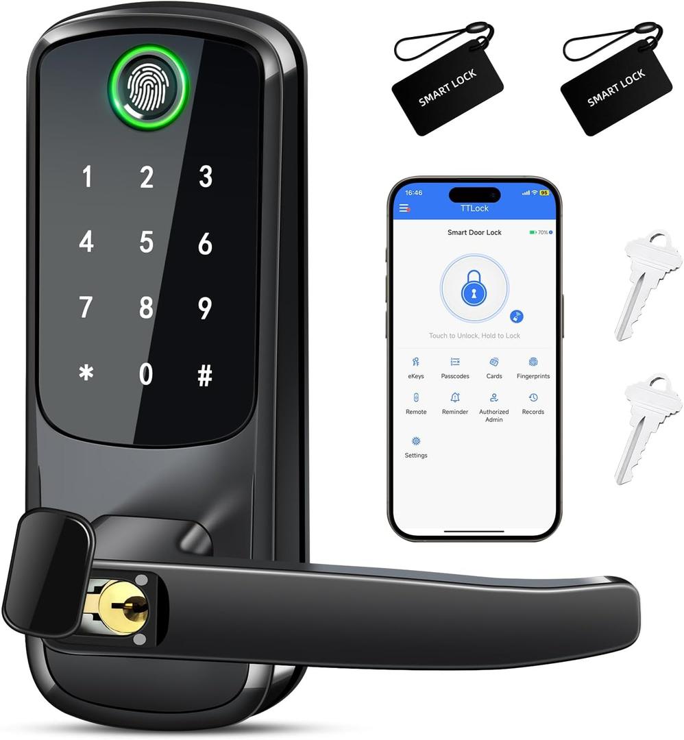 Keypad Smart Door Lock with Handle,Keyless Entry Digital Lock for Front/Interior Door,Fingerprint Electronic Door Knob with APP Control,Easy Installation,Smart Locks for Front Door/Bedroom/Office