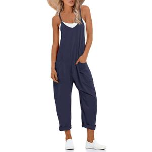 Muchpow Women's V Neck Sleeveless Jumpsuits Spaghetti Straps Harem Long Pants Overalls With Pockets (Medium) Navy