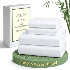 MR&HM King Size Sheets Set, 4-Piece Cooling Sheets, Rayon Derived from Bamboo & Polyester Blend, Soft & Silky, 15" Deep Pockets with Elastic Straps, Hotel Luxury for Hot Sleepers, White