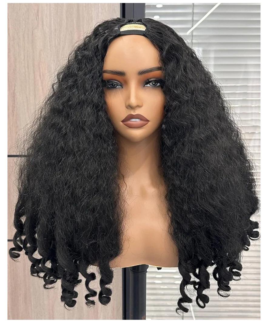 Afro V Part Wig Kinky Curly Wigs for Black Women, 180% Density Synthetic Kinky Curly Clip in Half Wig with Bouncy Curls (#1B, 20 inch)