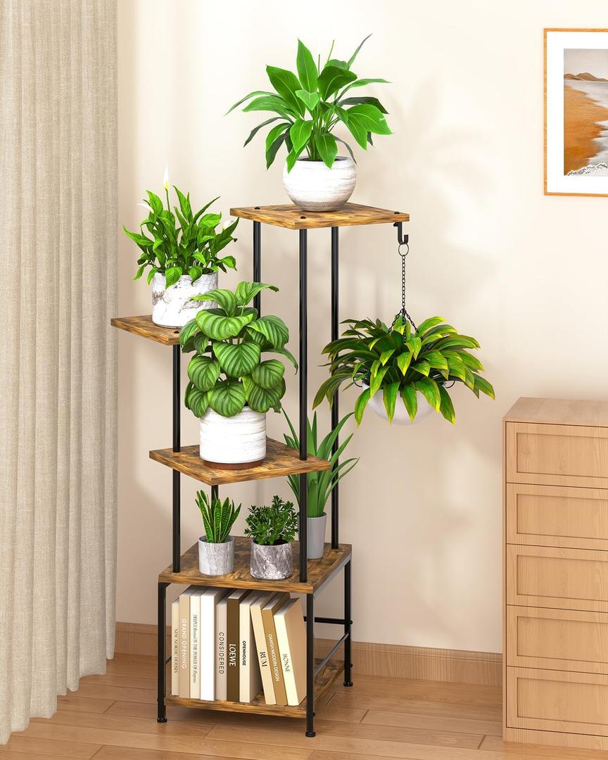 Homsorout Plant Stand Indoor, 5-Tier Tall Plant Stand Indoor, Metal Plant Shelf with Hanging Basket Hook, Ideal Corner Plant Table for Living Room, Balcony, Garden, Patio (Brown)