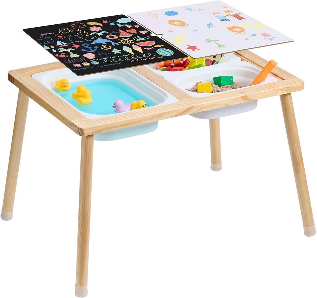 VEVOR Sensory Table for Toddlers, Kids Activity Table with 3 Foldable Storage Bins & Double-Sided Board, Indoor/Outdoor Play Sand and Water, Wooden Kids Sensory Table for Drawing Studying Dining, 32.1 X 23.6 X 19.9 Inches