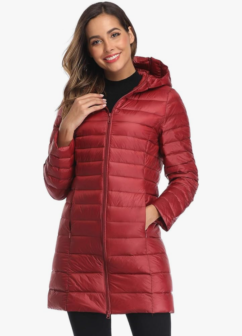 Obosoyo Women's Winter Packable Down Jacket Plus Size Ultralight Long Down Outerwear Puffer Jacket Hooded Coat M Red