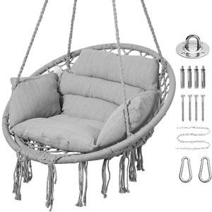 Goutime Hammock Chair, Macrame Hanging Swing Chairs with Cushion and Hardware Kit,Adult Boho Swings for Outside,Patio,Balcony,Bedroom (Light Grey)(55"L x 30"W)