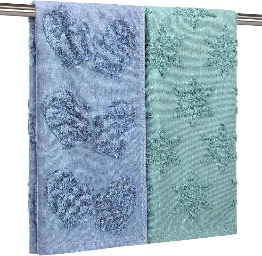 2 Pcs Winter Snowflake Bathroom Hand Towels 100% Cotton 29.5 x 13.7 Inch Blue and Green Christmas Glove Jacquard Weave Bath Towel for Kitchen Gifts Decor for Christmas