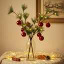 Norme 2 Pcs 24in Light up Artificial Pine Branches with Red Christmas Ball Set Christmas Greenery Pines Branches Stems for DIY Flower Arrangement Xmas Outdoor Home Decor Gifts for Lover and Friends