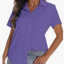 Women's Short Sleeve Button Down Shirt Womens Shirts Dressy Casual Business Work Blouses V Neck Collared Tops Size M Purple